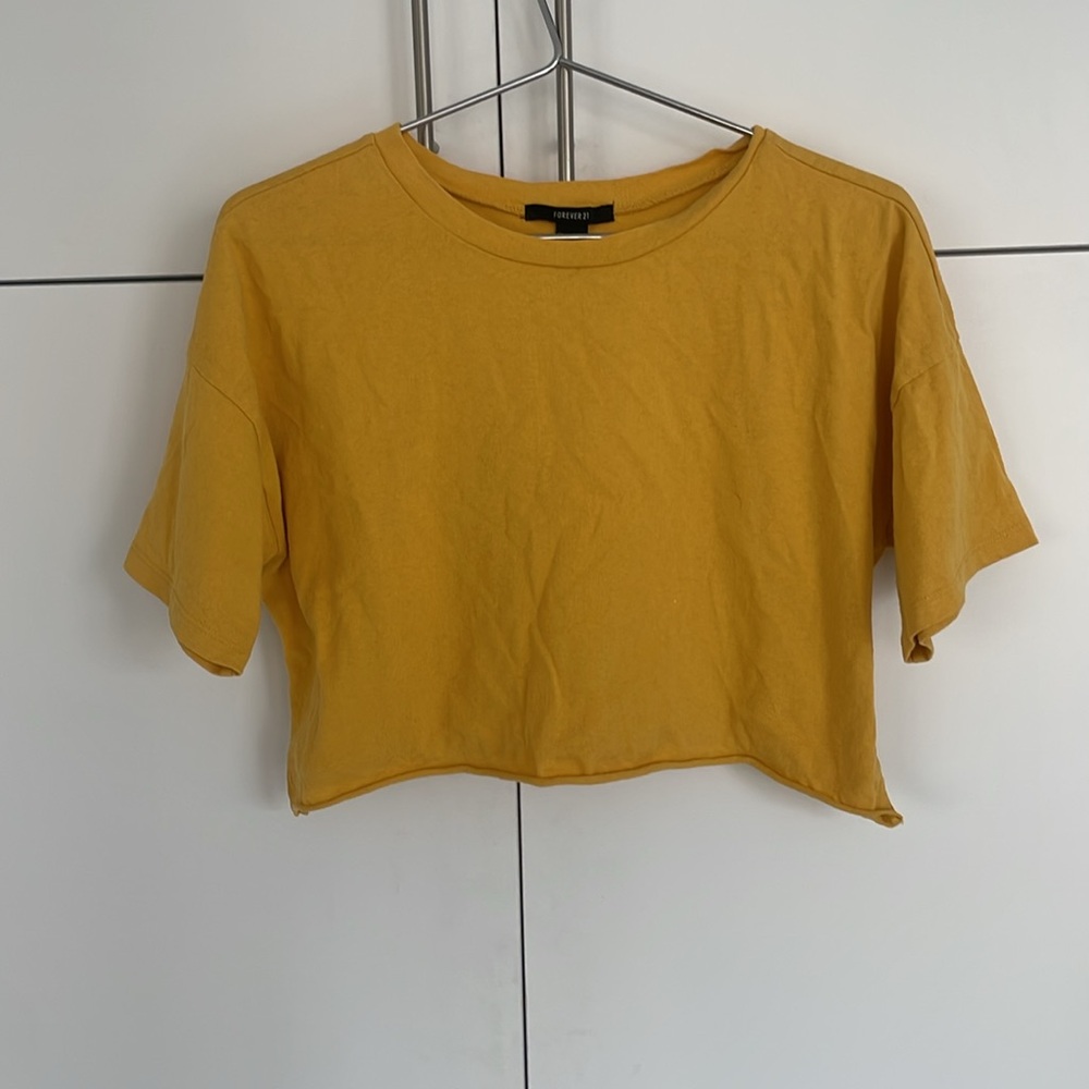 Forever 21 Yellow Drop Shoulder Loose Fit Raw Hem Short Sleeve Crop Tee Small M